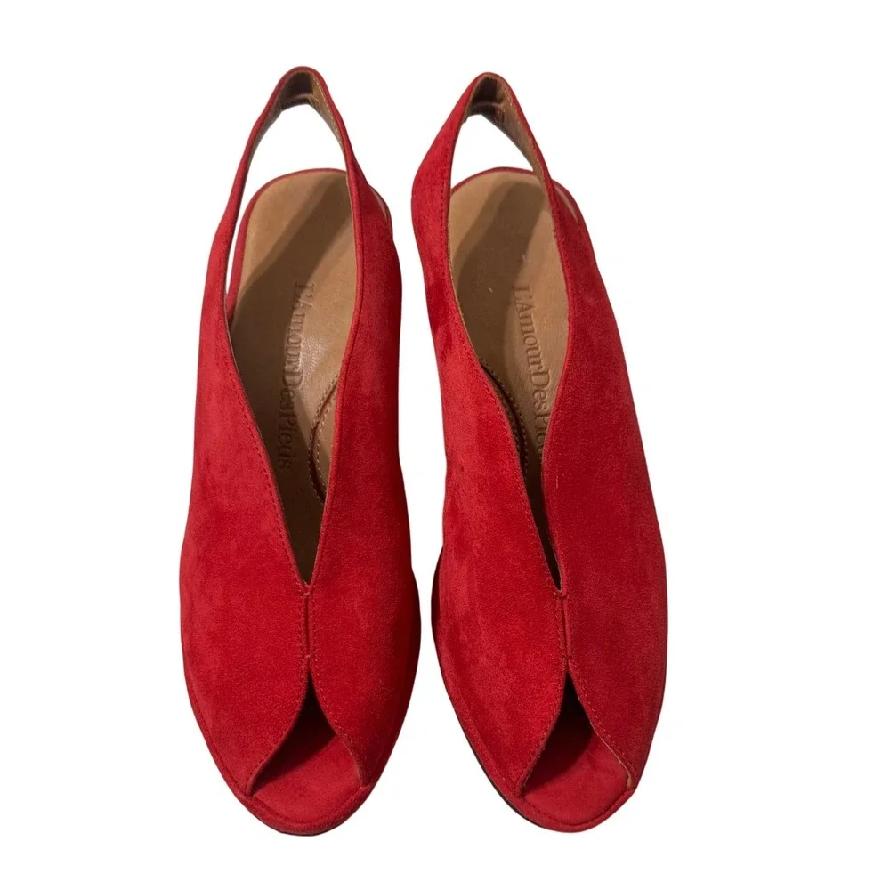 L'Amour Des Pieds Odetta Wedge Sandals Womens 6.5 Red Excellent Suede Slingback